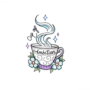 Эскиз татуировки: Винтажная чашка с паром и цветами, надпись 'Cup of Ambition'.