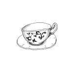 Эскиз татуировки: контурная чашка с узорами на блюдце, черно-белый рисунок