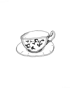 Эскиз татуировки: контурная чашка с узорами на блюдце, черно-белый рисунок