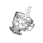 Черно-белая татуировка чашки с паром, украшенной луной, звездами и декоративным орнаментом.