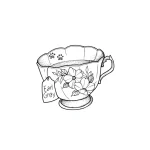 Эскиз татуировки: изящная чашка чая Earl Grey с цветами, выполненная в графическом стиле.
