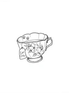 Эскиз татуировки: изящная чашка чая Earl Grey с цветами, выполненная в графическом стиле.