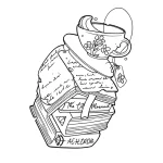 Эскиз татуировки: черная графика, чашка с чаем, стопка книг, рукописный текст, символ Ахерон.