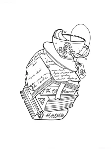 Эскиз татуировки: черная графика, чашка с чаем, стопка книг, рукописный текст, символ Ахерон.
