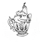 Эскиз татуировки: черная графика, чашка с лягушкой, сидящей внутри, из которой выглядывает цветок.