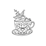 Черно-белый эскиз татуировки: чашка с волнами и кораблем, внутри цветка лотоса