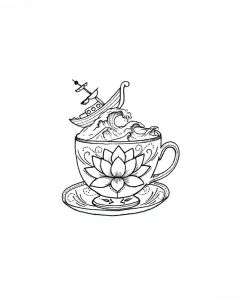 Черно-белый эскиз татуировки: чашка с волнами и кораблем, внутри цветка лотоса