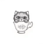 Эскиз татуировки: милый котенок выглядывает из изящной фарфоровой чашки, выполненный в графическом стиле.
