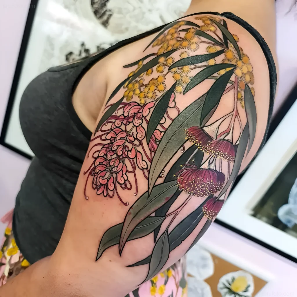 肩部桉树纹身，带有黄色花朵和粉色花序