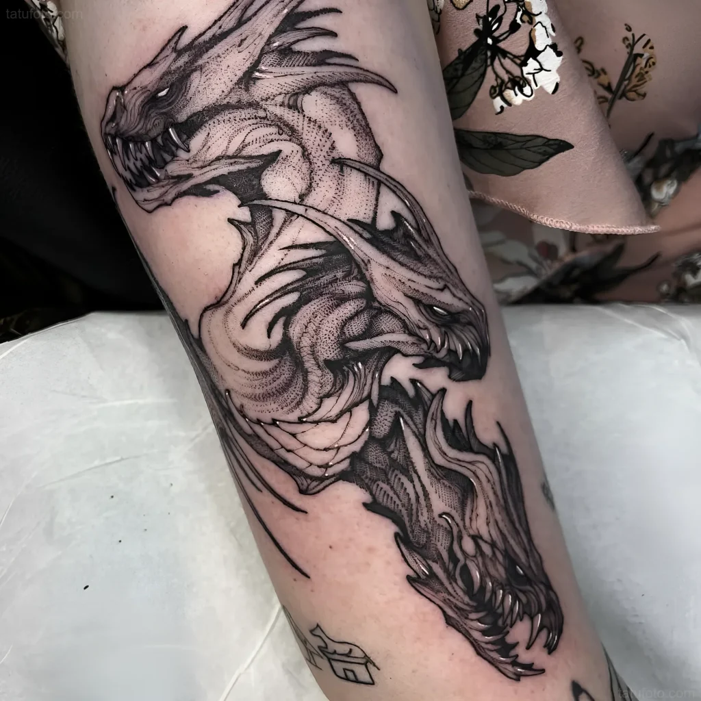 Monochrome tattoo of a multi-headed Hydra in dotwork style on the forearm