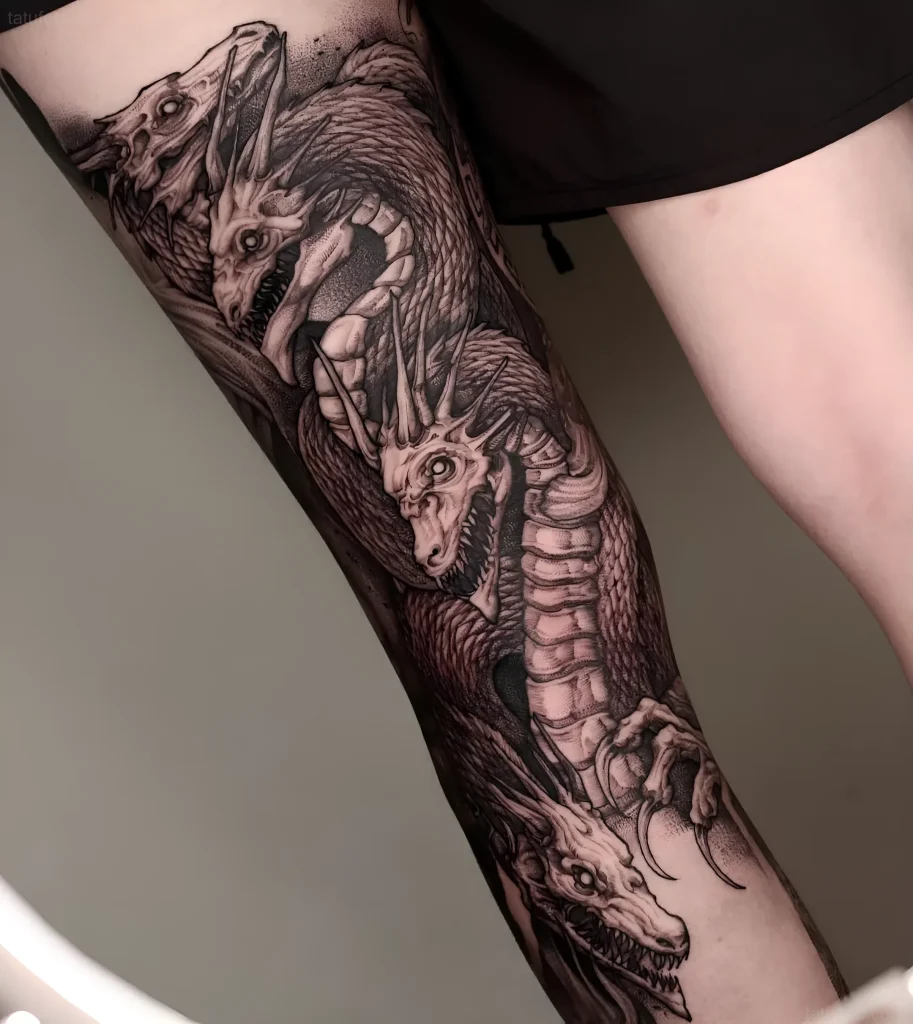 Powerful black and white tattoo of a multi-headed Hydra on the leg, demonstrating realistic detail of scales and menacing heads