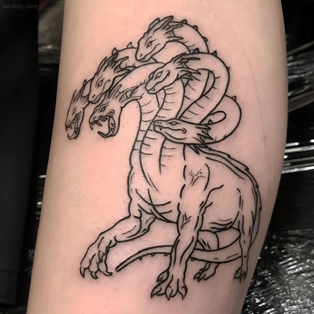 Outline image of a multi-headed Hydra in old school style on skin, emphasizing the meaning of the tattoo