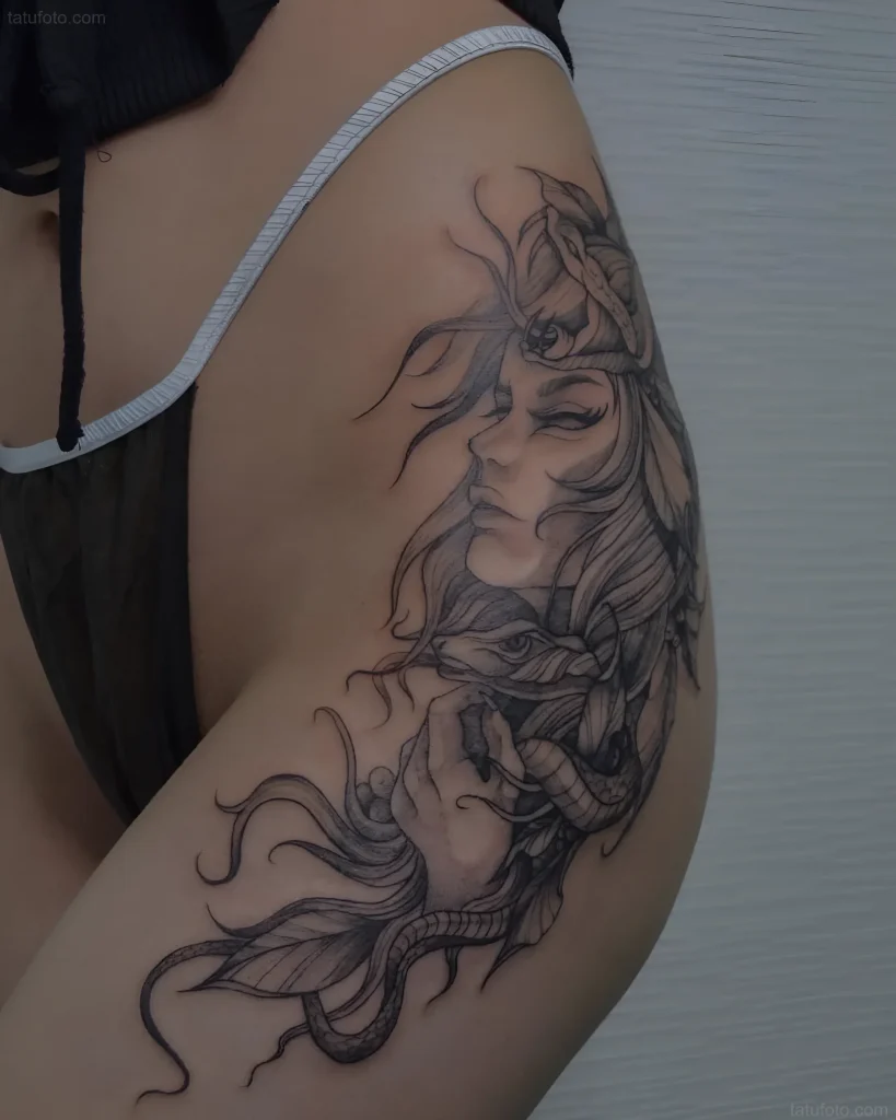 Monochrome tattoo on the thigh: female portrait with Hydra and snake elements