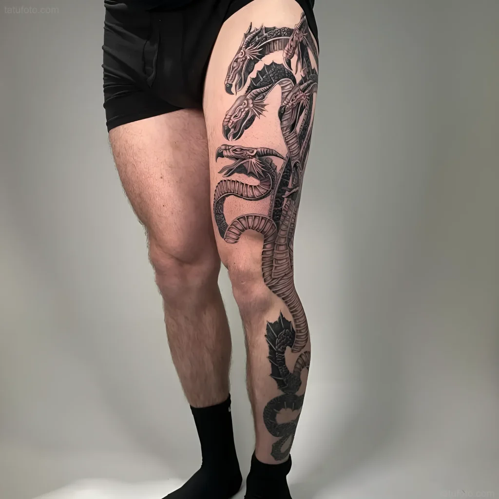 Impressive black and white tattoo of a Hydra covering the entire front of the thigh and extending to the shin, showing complex scale detail and multiple heads