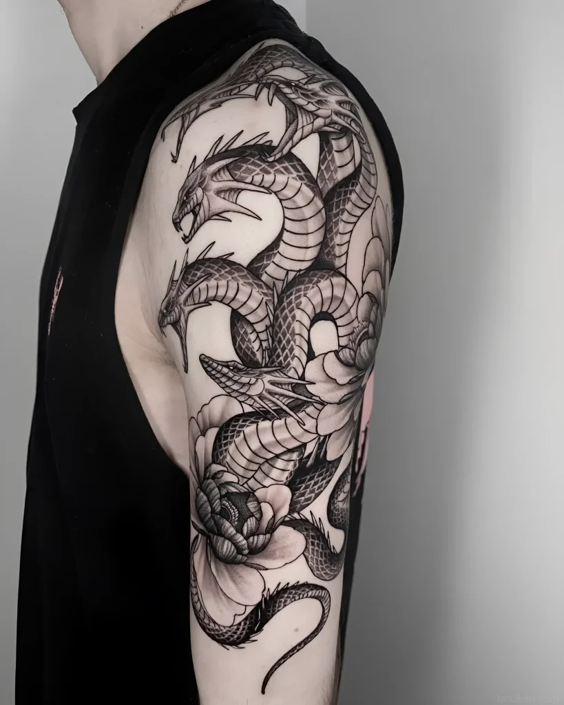 Black and white tattoo of a three-headed Hydra entwined with peonies on the shoulder