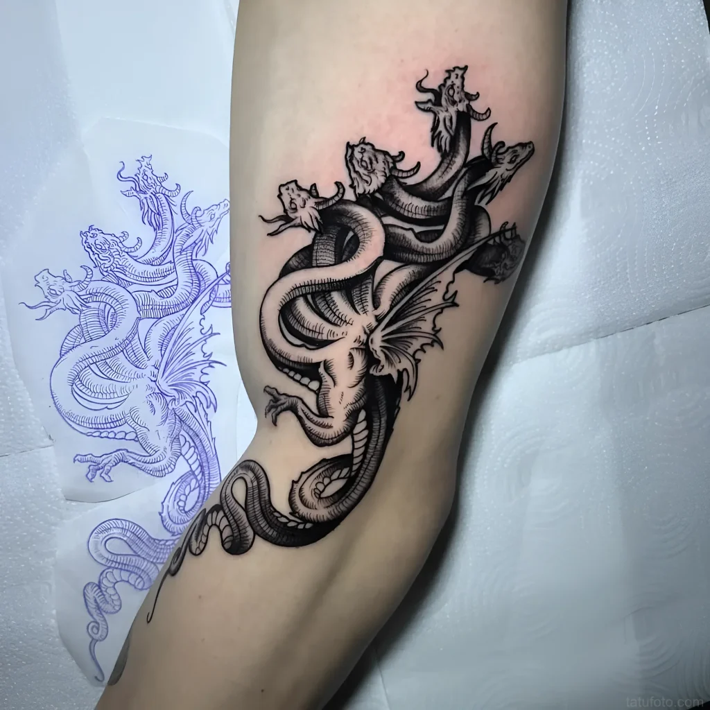 Tattoo of a five-headed Hydra in engraving technique on the forearm