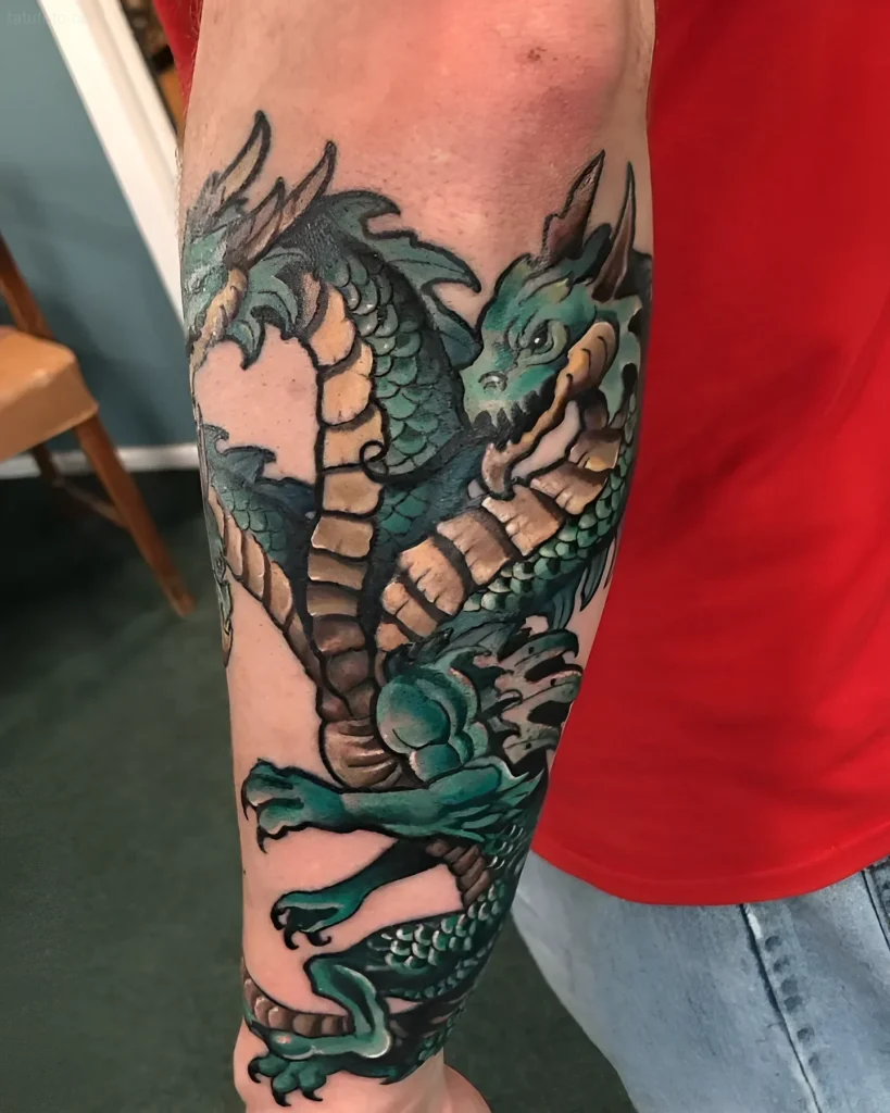 Bright color tattoo of a multi-headed Hydra in new school style on the forearm