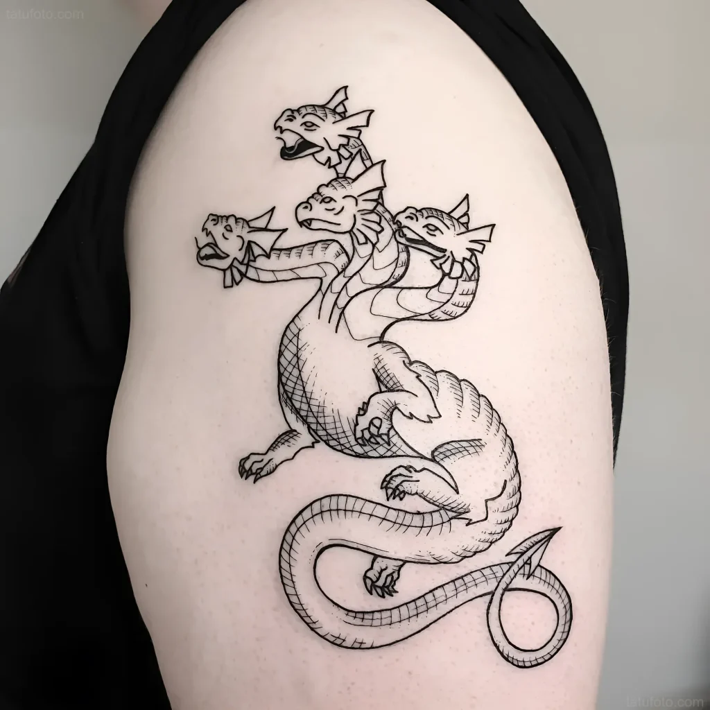 Monochrome tattoo of a multi-headed Hydra in engraving style on the shoulder