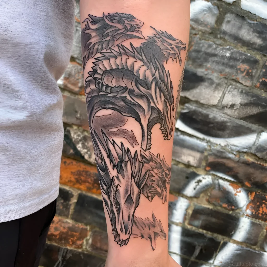 Black and white tattoo of a multi-headed Hydra dragon in engraving style on the outer forearm