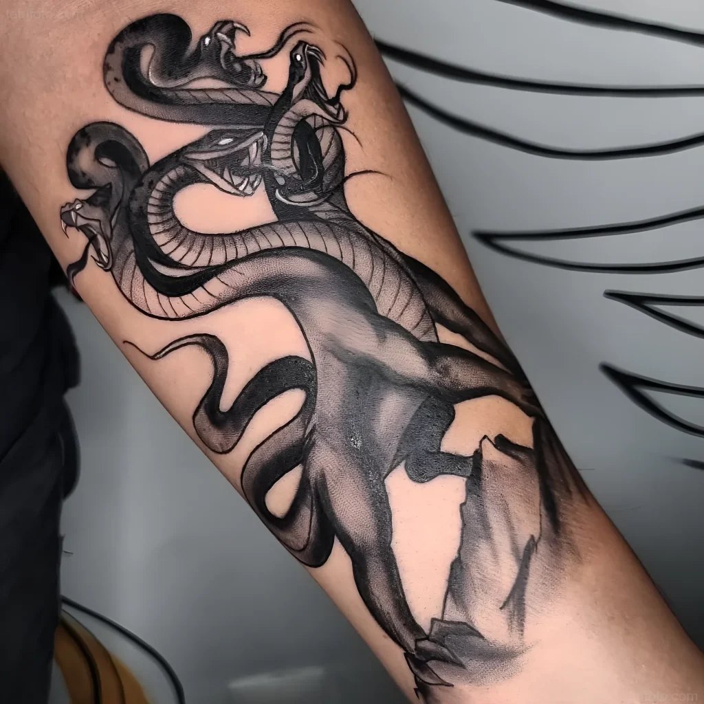Black and white tattoo of a multi-headed Hydra in a dynamic pose, demonstrating mastery in the blackwork technique.