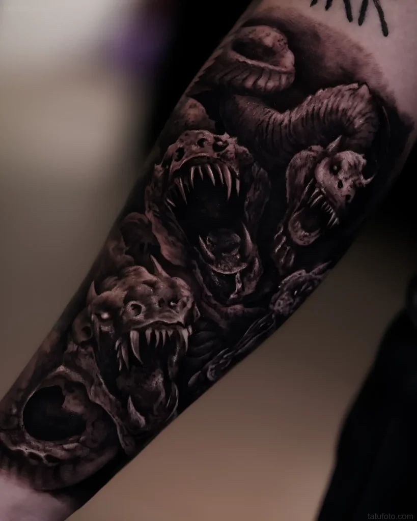 Photograph of a black and white tattoo of a multi-headed Hydra in black and gray style on the forearm