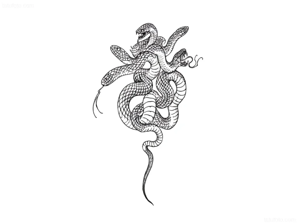 Linework tattoo sketch depicting intertwined heads of the mythical Hydra