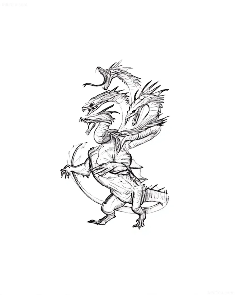 Black and white tattoo sketch of a multi-headed Hydra dragon in a dynamic pose