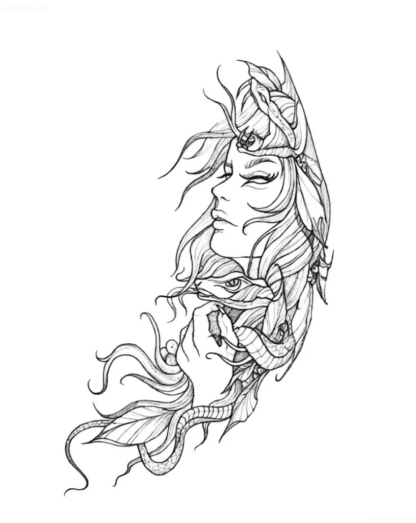 Black and white tattoo sketch: profile of a female face crowned with a snake, symbolizing the mythological Hydra