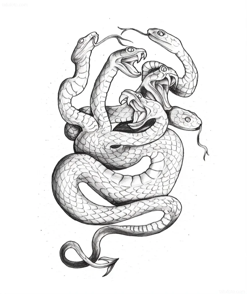 Monochrome tattoo sketch with a tangle of multiple Hydra heads, showing detail of scales and predatory snarls