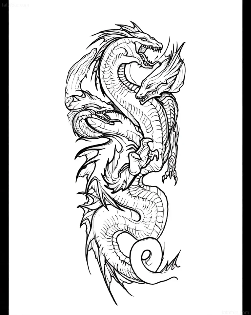 Outline sketch of a multi-headed Hydra tattoo in Asian style for a full sleeve