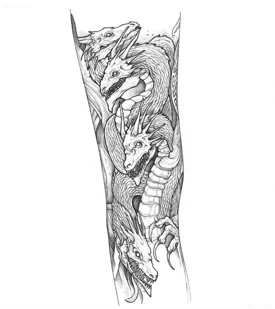 Black and white tattoo sleeve sketch depicting intertwined heads of the mythical Hydra