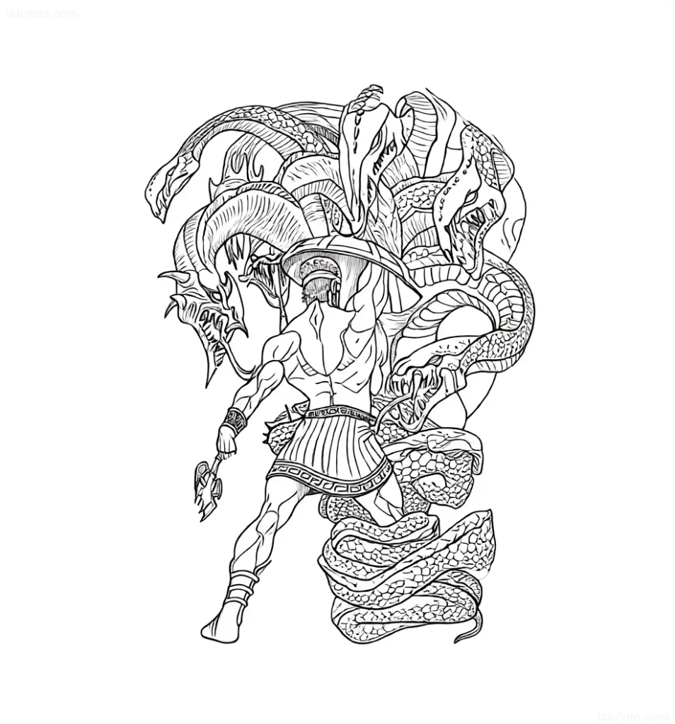 Outline sketch of a tattoo: Hercules fighting the Lernean Hydra, demonstrating power and persistence in struggle.