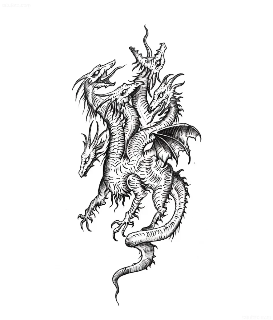 Graphic sketch of a multi-headed Hydra snake tattoo in black and white