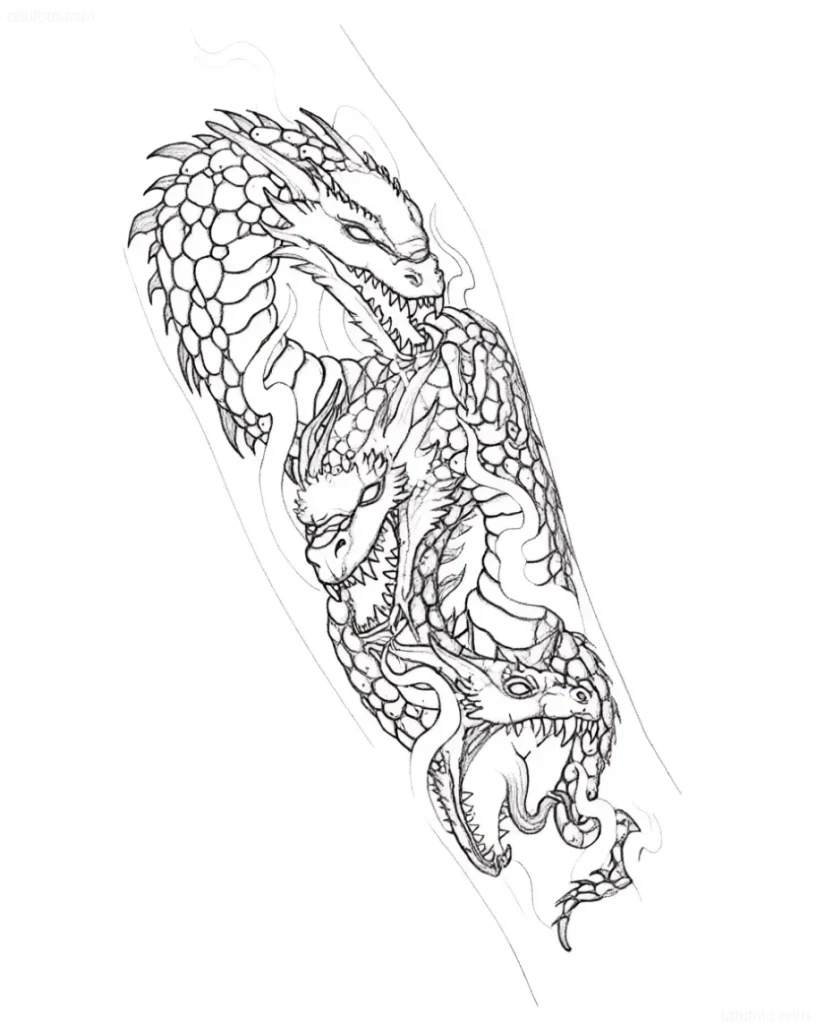 Tattoo sketch in Eastern style with three intertwined dragon heads, emphasis on detailed scales and fierce jaws