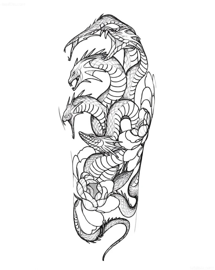 Tattoo sketch of a multi-headed Hydra intertwined with peonies for a sleeve