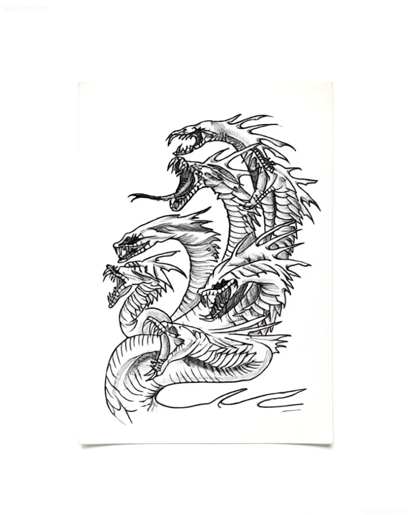 Sketch of a multi-headed Hydra snake tattoo in black and white graphics, showing an aggressive tangle of heads