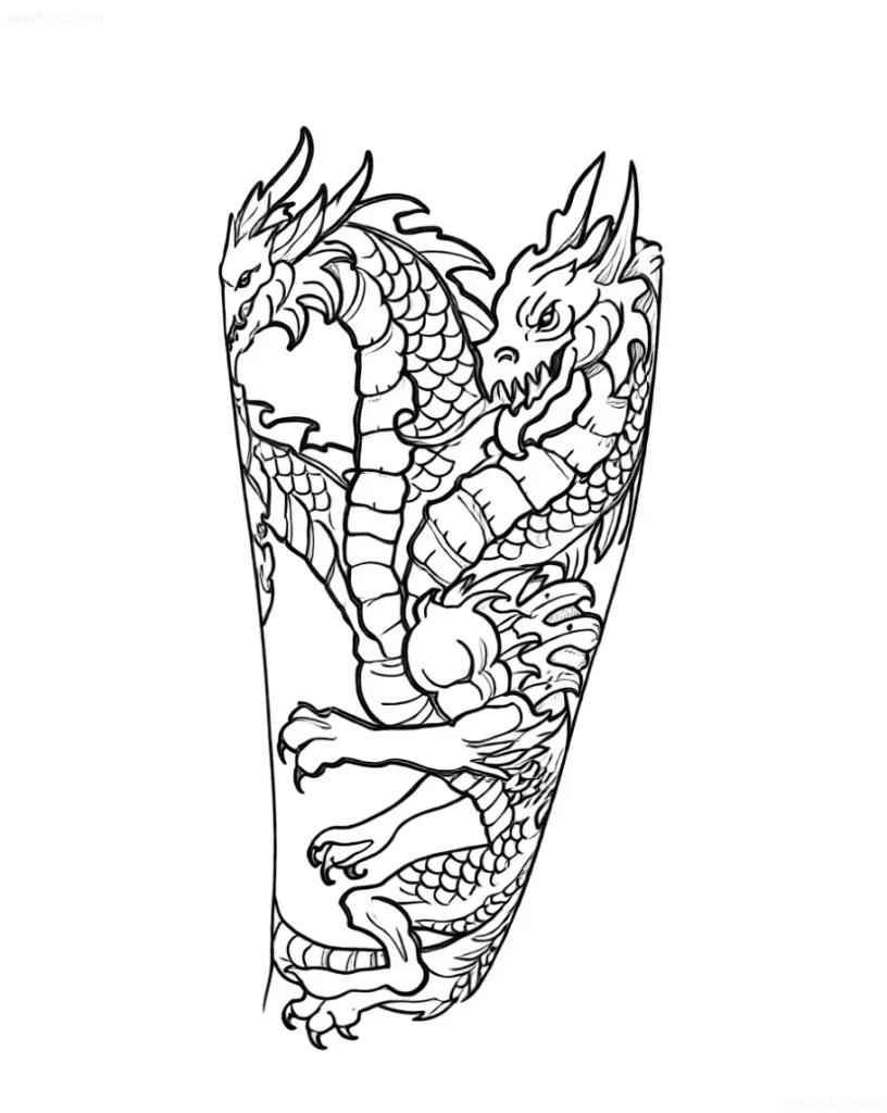 Outline sketch of a sleeve with two intertwined heads of the mythical Hydra in traditional Japanese graphic style