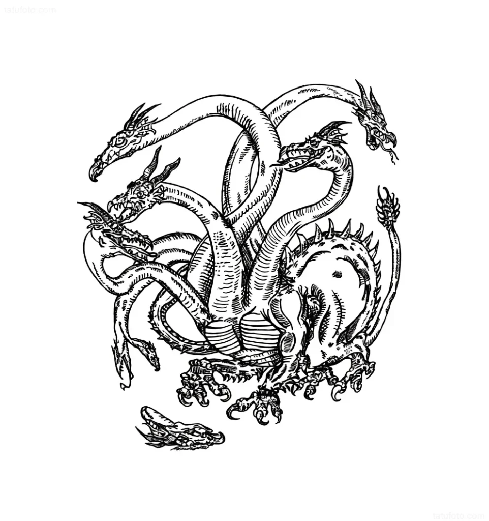 Black and white sketch of a Lernean Hydra tattoo with severed heads