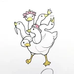 Минималистичный эскиз татуировки: многоголовый гусь с элементами (нож, колокольчик, цветок, кепка)