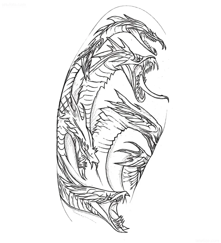 Outline tattoo sketch with three fiercely snarling Hydra snake heads, ready to attack