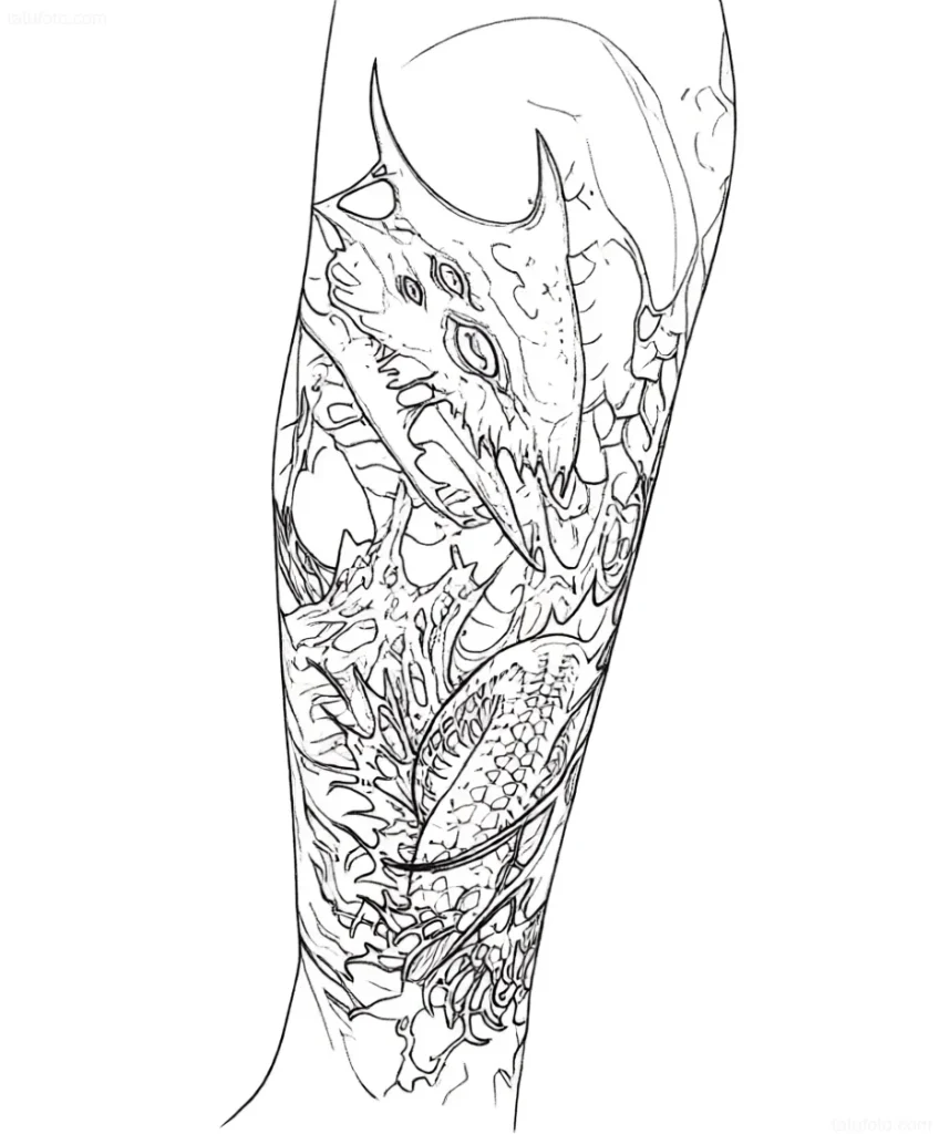Outline sketch of a multi-headed Hydra tattoo with detailed scales and a menacing gaze