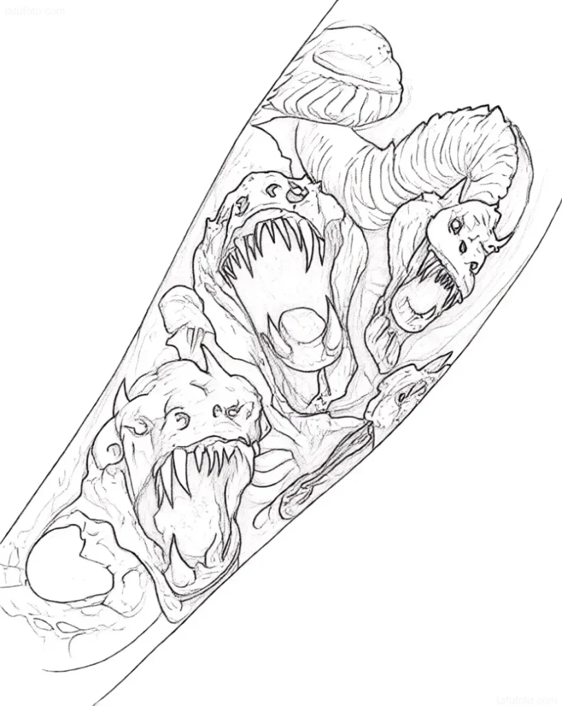 Outline tattoo sketch of a multi-headed Hydra with bared teeth for a sleeve