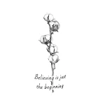 Эскиз тату веточки хлопка с надписью 'Believing is just the beginning'