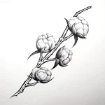 Эскиз тату: ветка с четырьмя раскрывшимися коробочками хлопка, выполненная в технике дотворк.