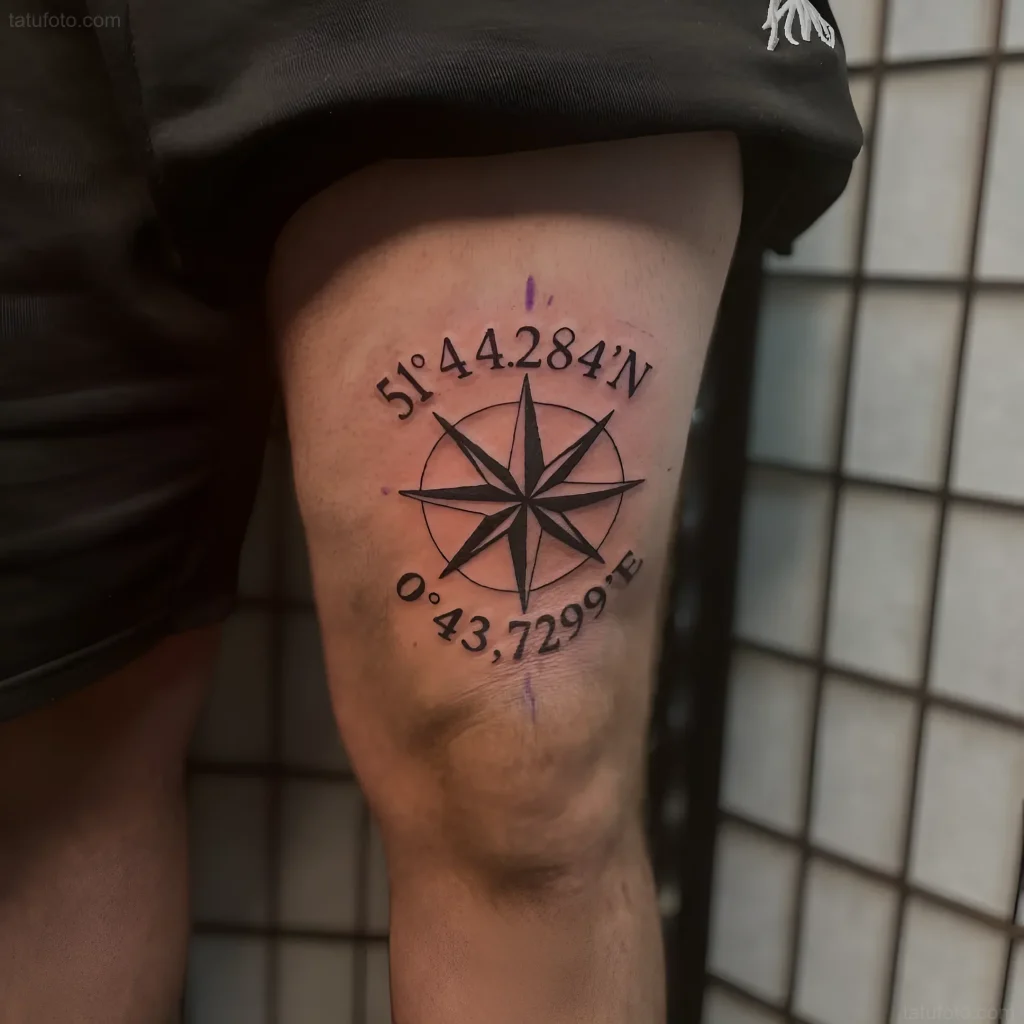 大腿上的纹身指南针带有坐标——个人地标和纪念地点的象征