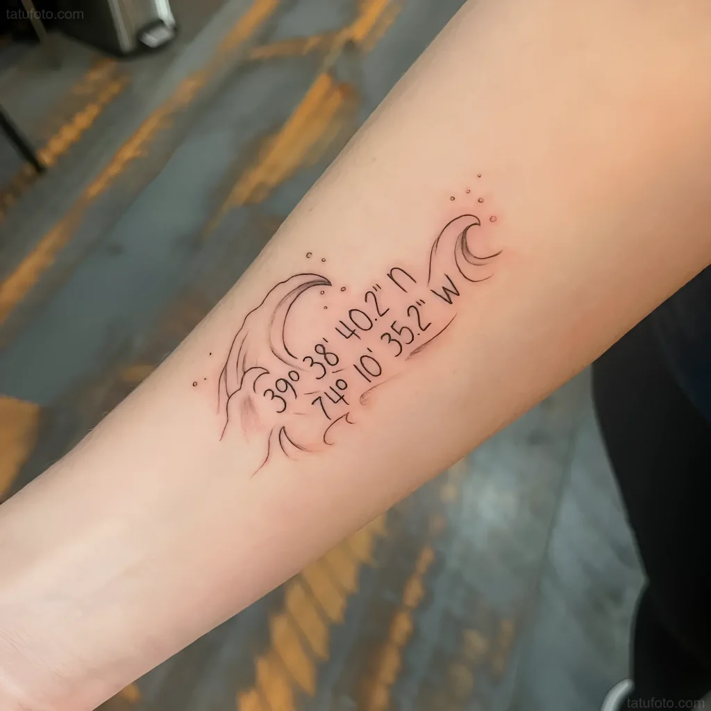 前臂上带有地理坐标和风格化海浪的简约纹身