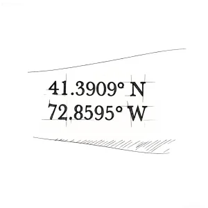 Минималистичный эскиз тату с географическими координатами 41.3909° N 72.8595° W, выполненный в стиле чертежа