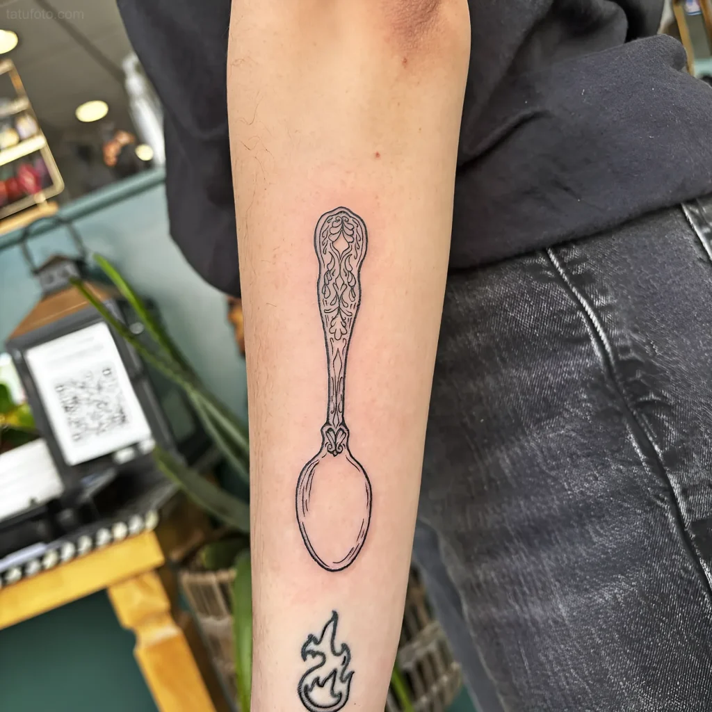 Schwarz-weißer Kontur-Tattoo eines Löffels am Unterarm, mit detaillierter Musterzeichnung am Griff und einer kleinen Flamme darunter.