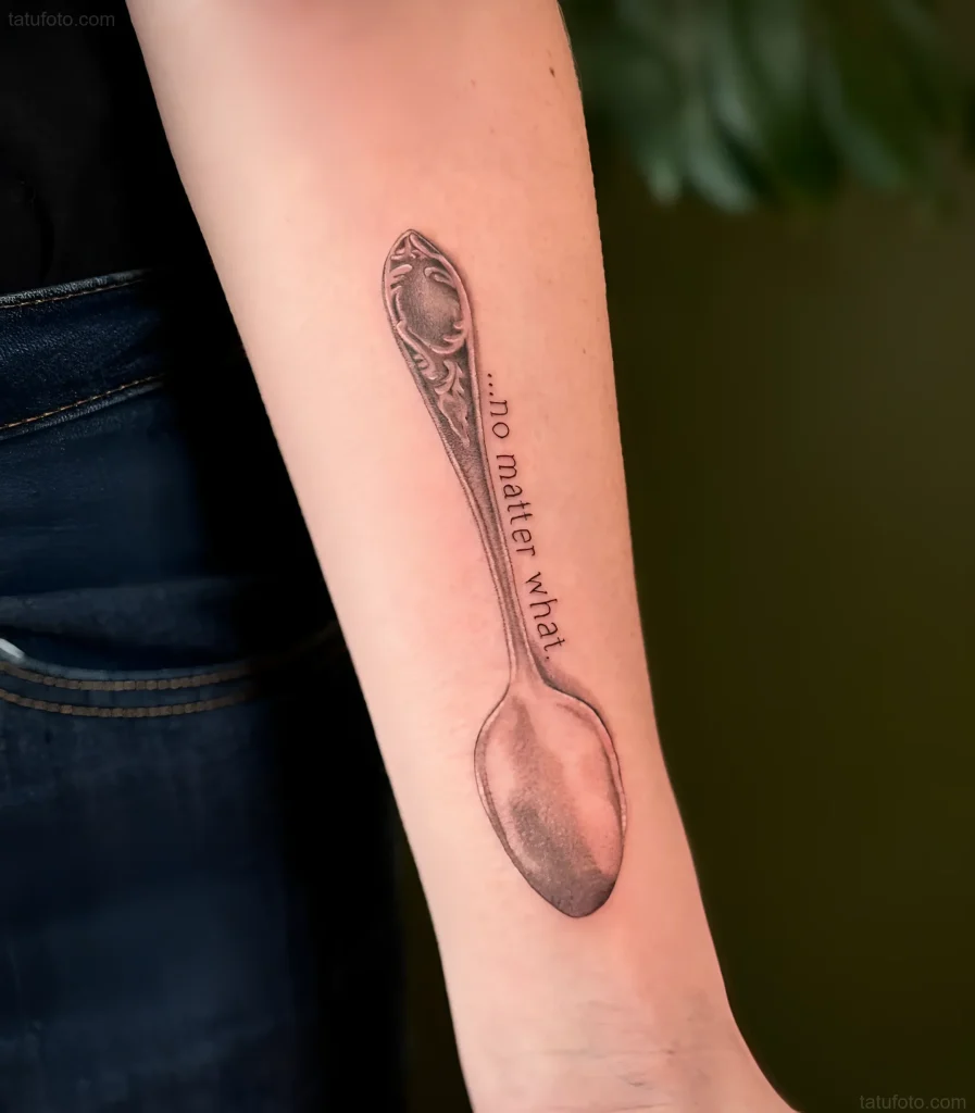 Schwarz-weißes Löffel-Tattoo am Unterarm mit der Aufschrift '...no matter what'.