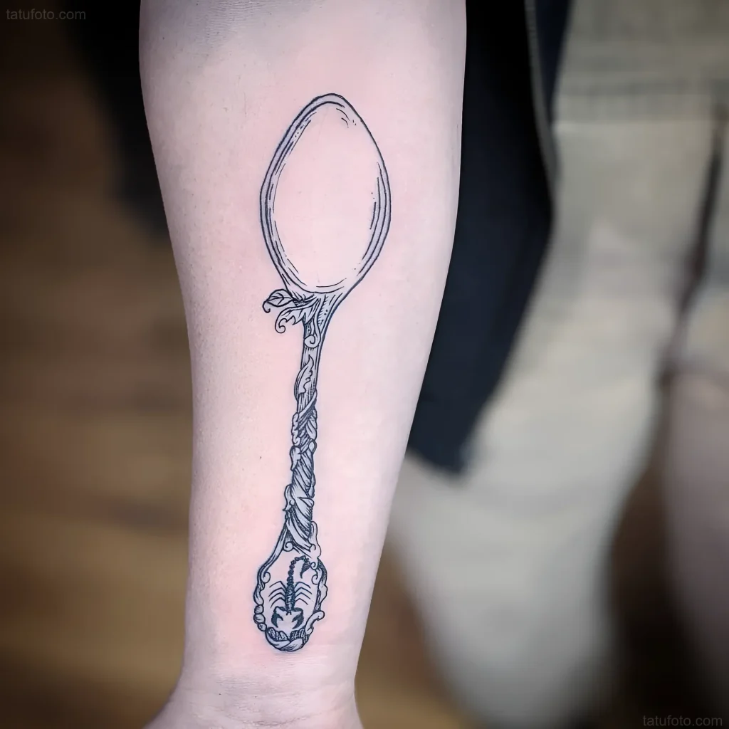 Schwarz-weißes Löffel-Tattoo am Bein, im Grafikstil mit detaillierter Ausführung.